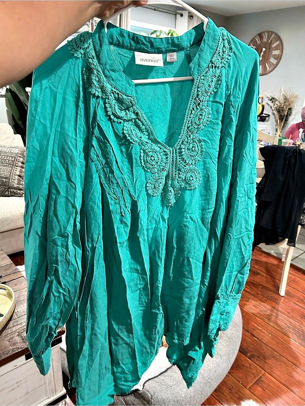 Avenue Lace Trim Tunic Embroidered Blue Size 2X